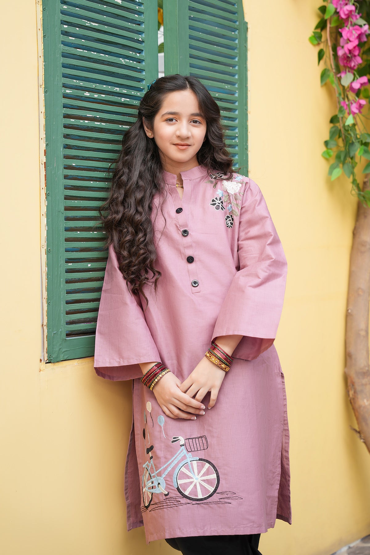 Zoya – Mauve Whimsy Bicycle Embroidered Shirt
