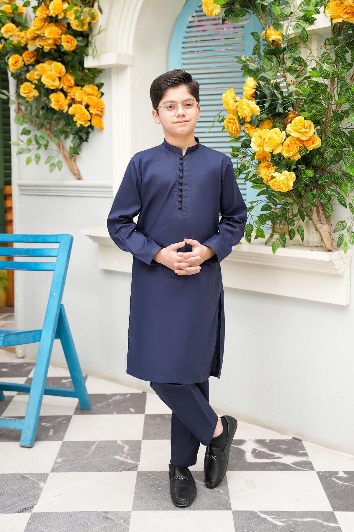 Zaviyar – Navy Blue Signature Potli-Buttoned Set
