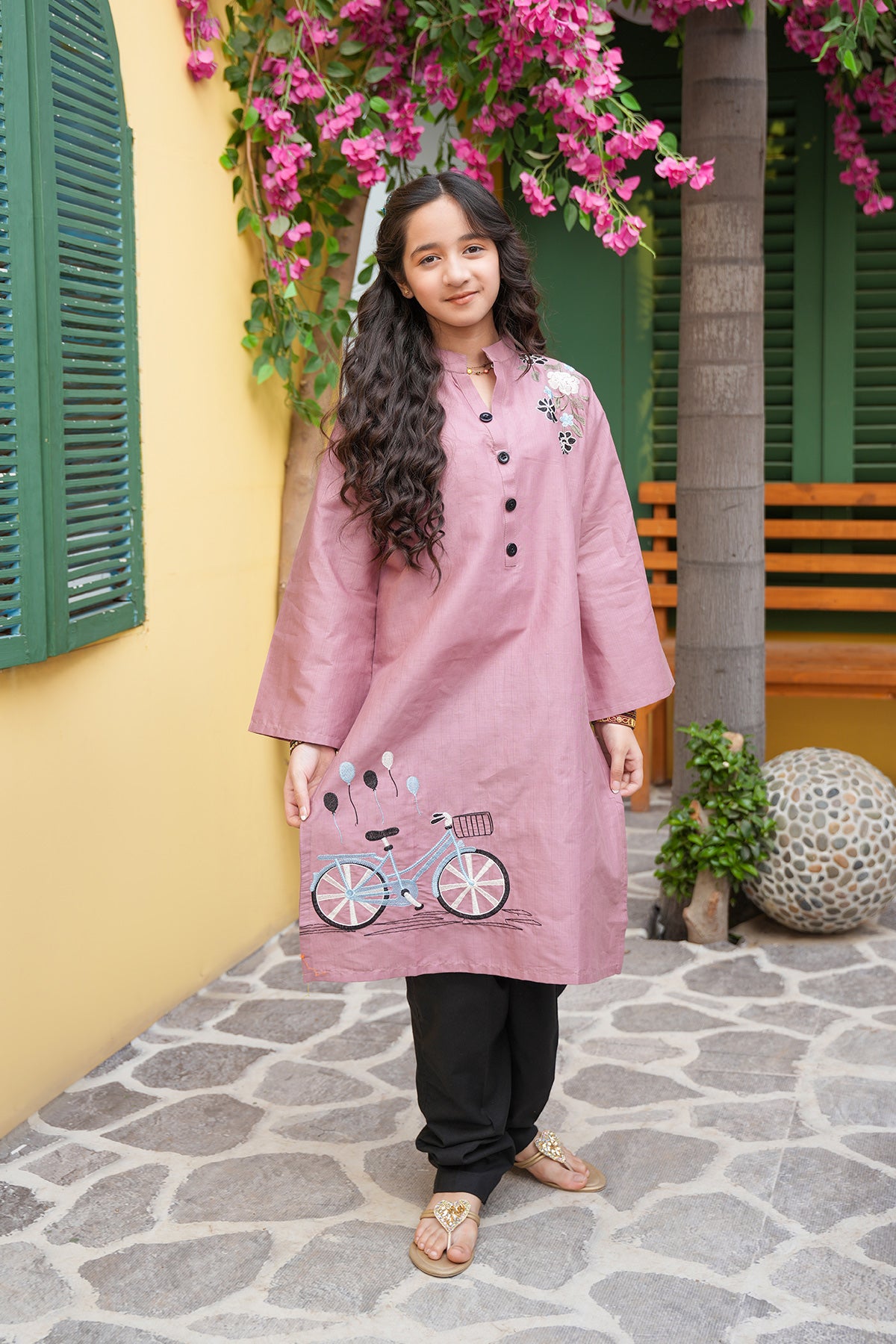 Zoya – Mauve Whimsy Bicycle Embroidered Shirt