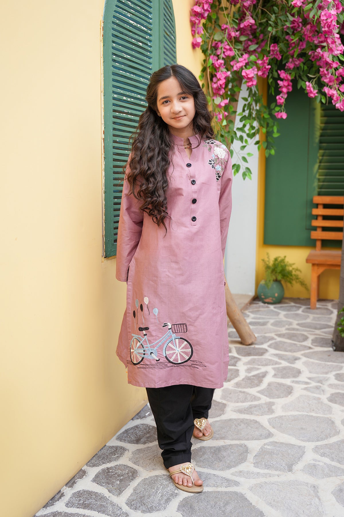 Zoya – Mauve Whimsy Bicycle Embroidered Shirt