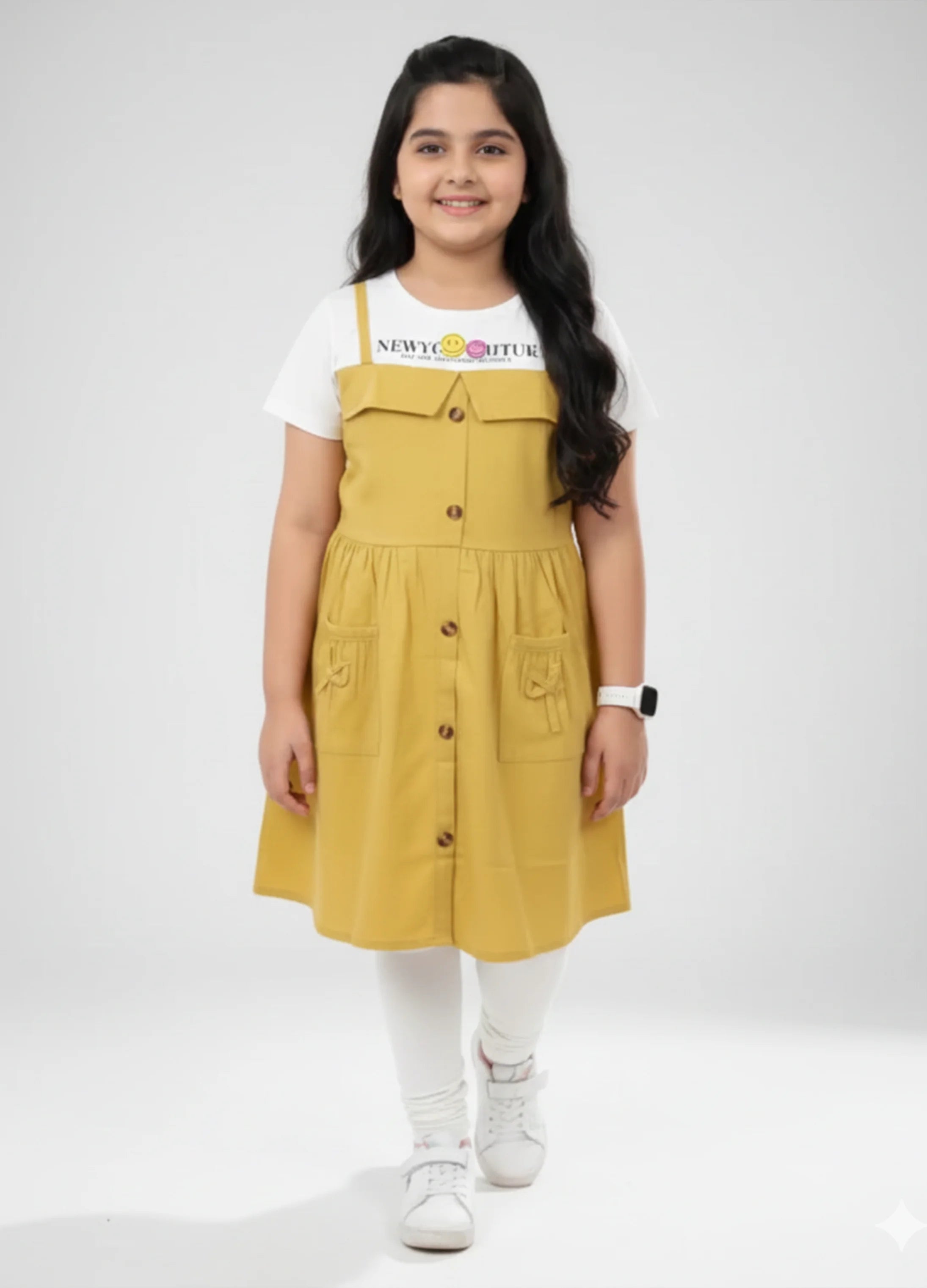 Yellow Suspender Dress with White Tee