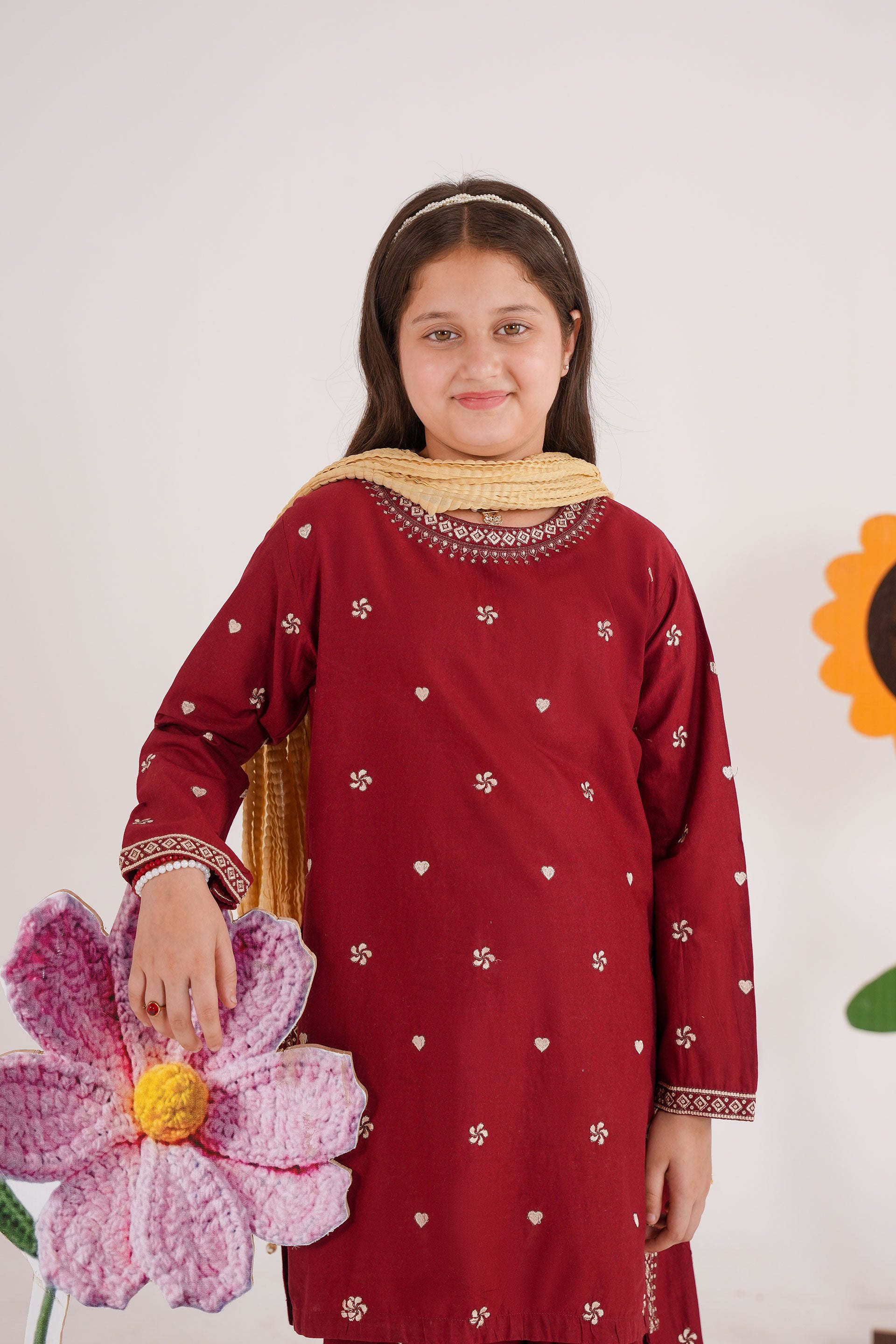 Meenay Girls Maya – Deep Maroon Embroidered Tulip Shalwar Set