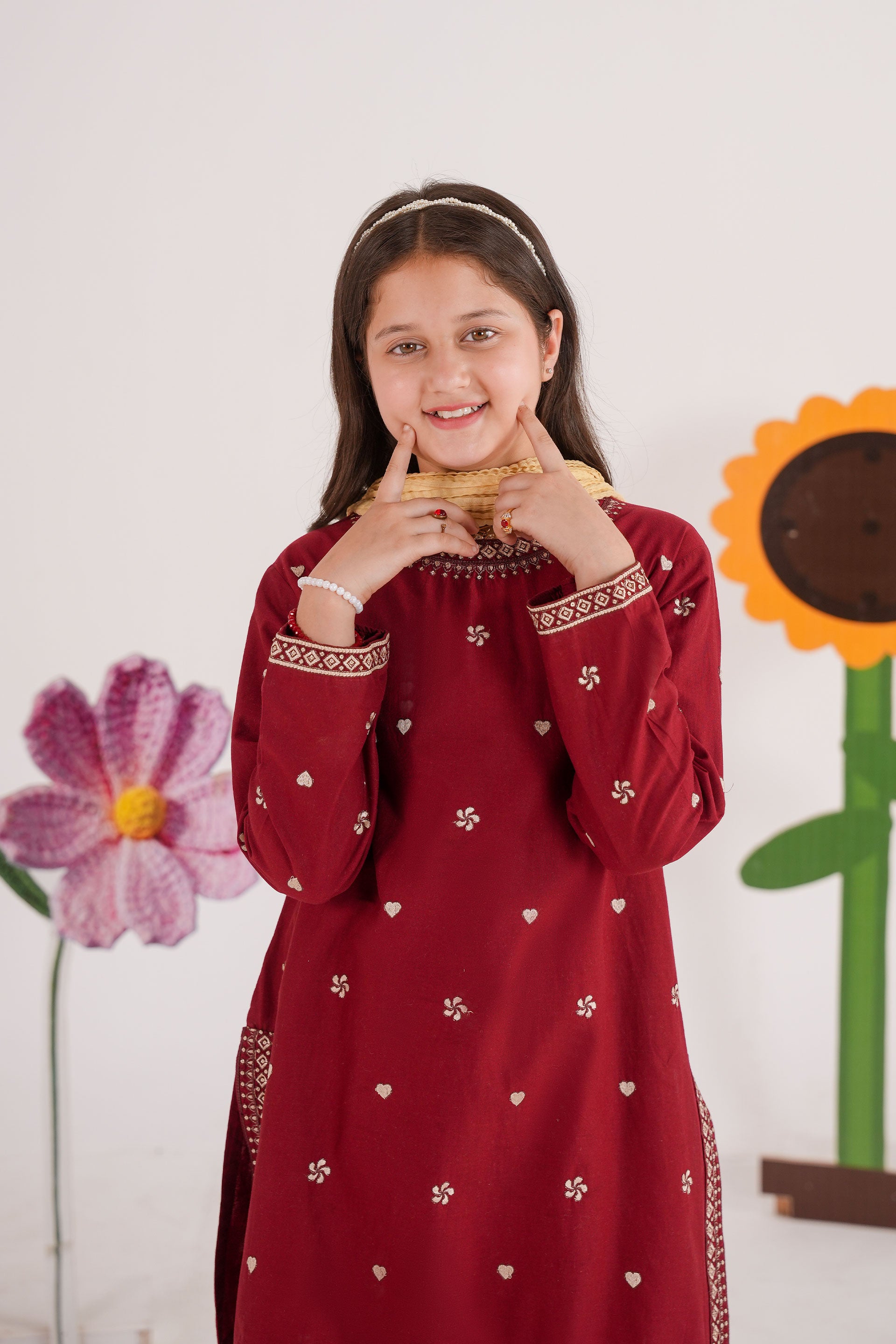 Meenay Girls Maya – Deep Maroon Embroidered Tulip Shalwar Set