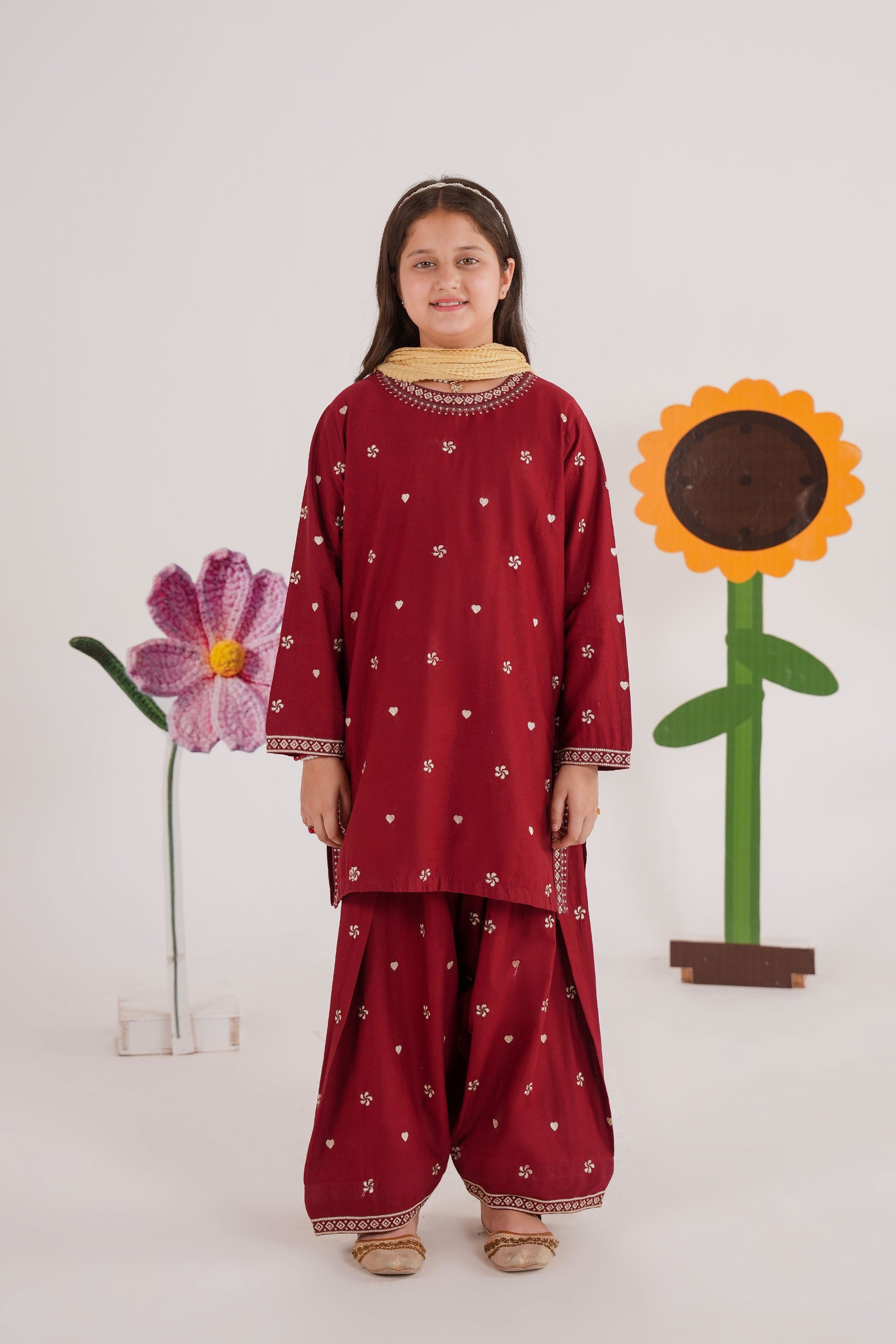 Meenay Girls Maya – Deep Maroon Embroidered Tulip Shalwar Set