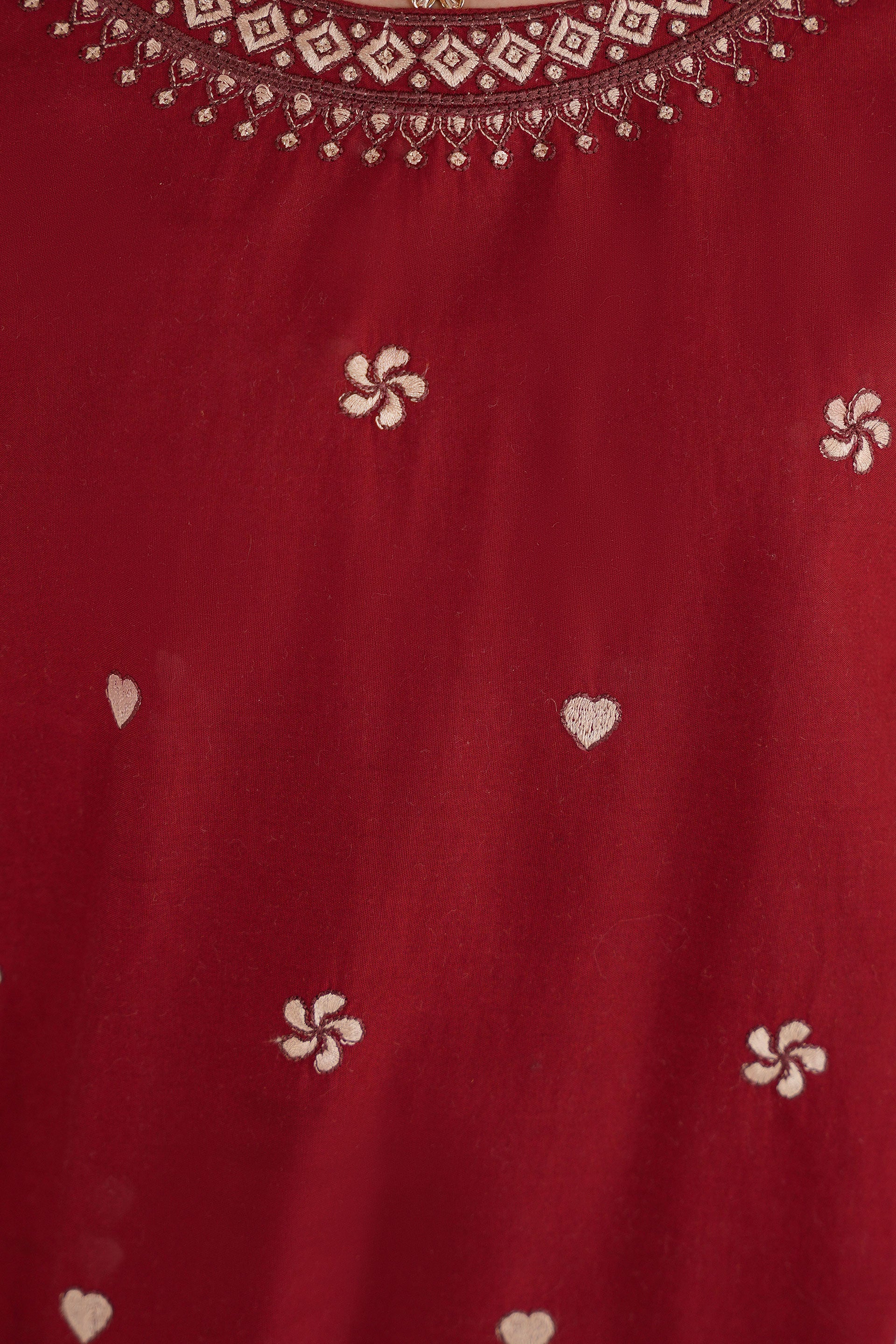 Meenay Girls Maya – Deep Maroon Embroidered Tulip Shalwar Set