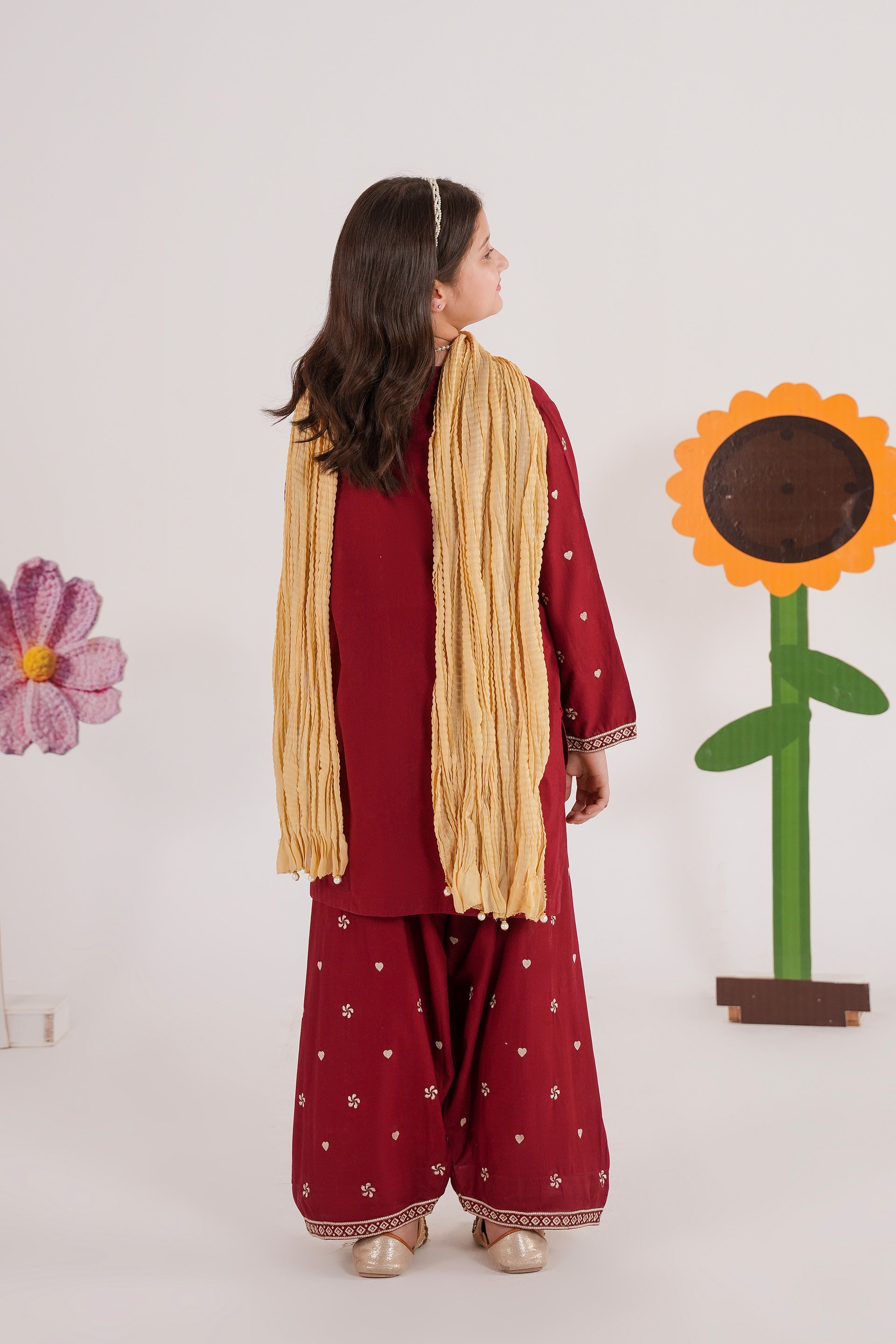 Meenay Girls Maya – Deep Maroon Embroidered Tulip Shalwar Set
