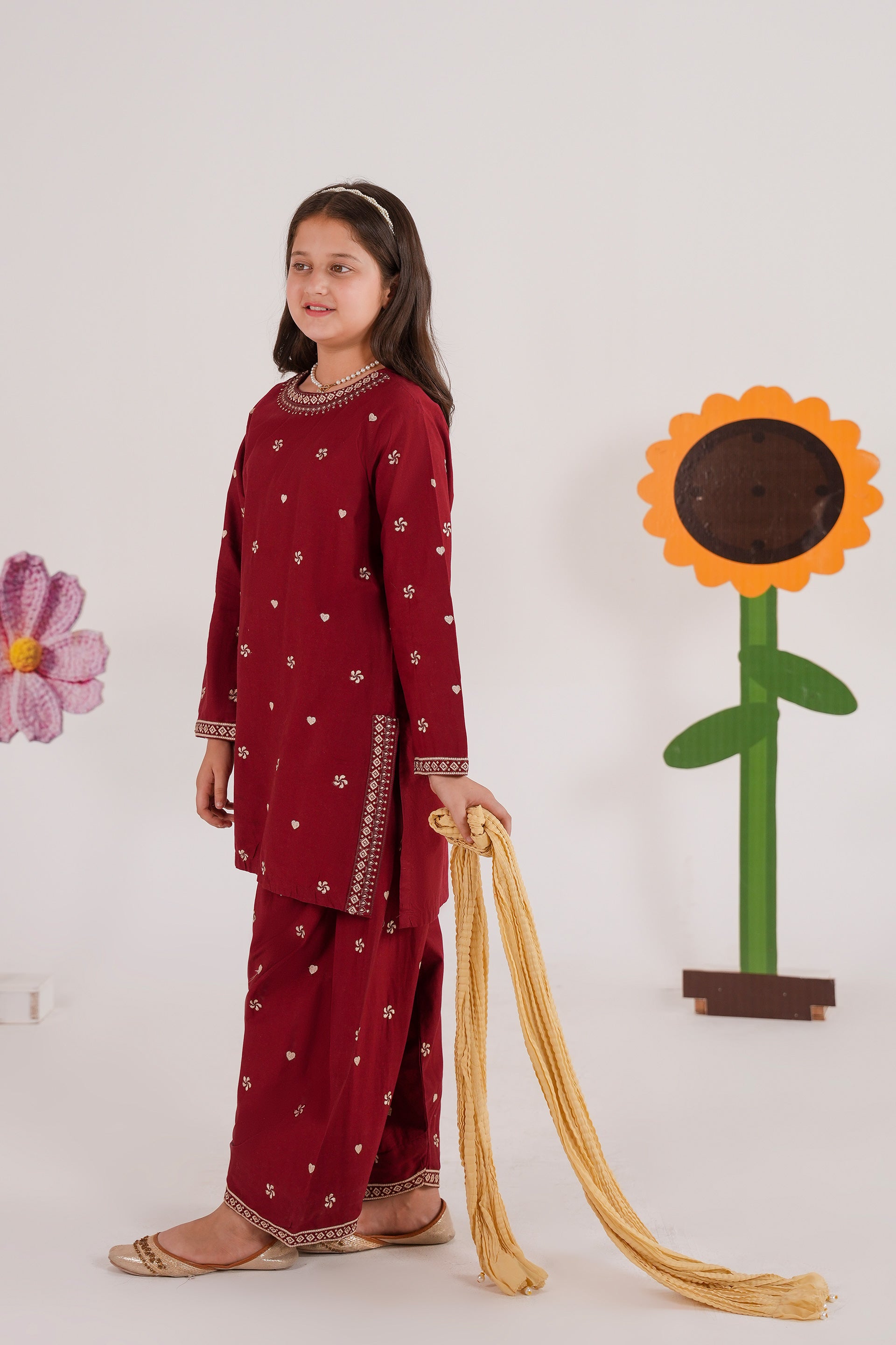 Meenay Girls Maya – Deep Maroon Embroidered Tulip Shalwar Set