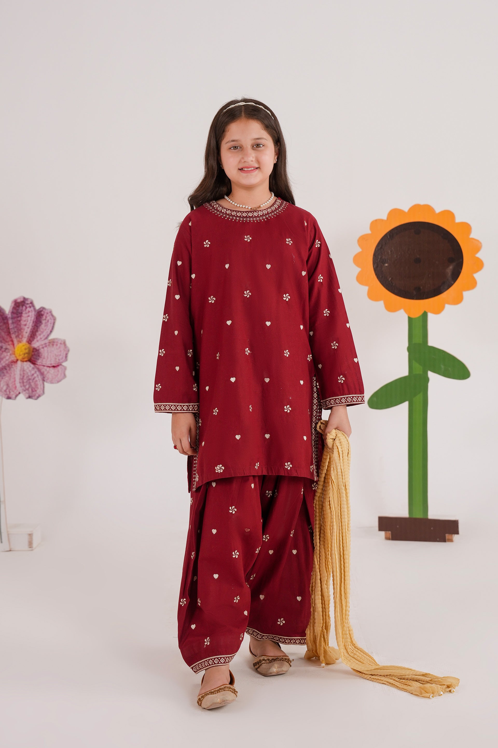 Meenay Girls Maya – Deep Maroon Embroidered Tulip Shalwar Set