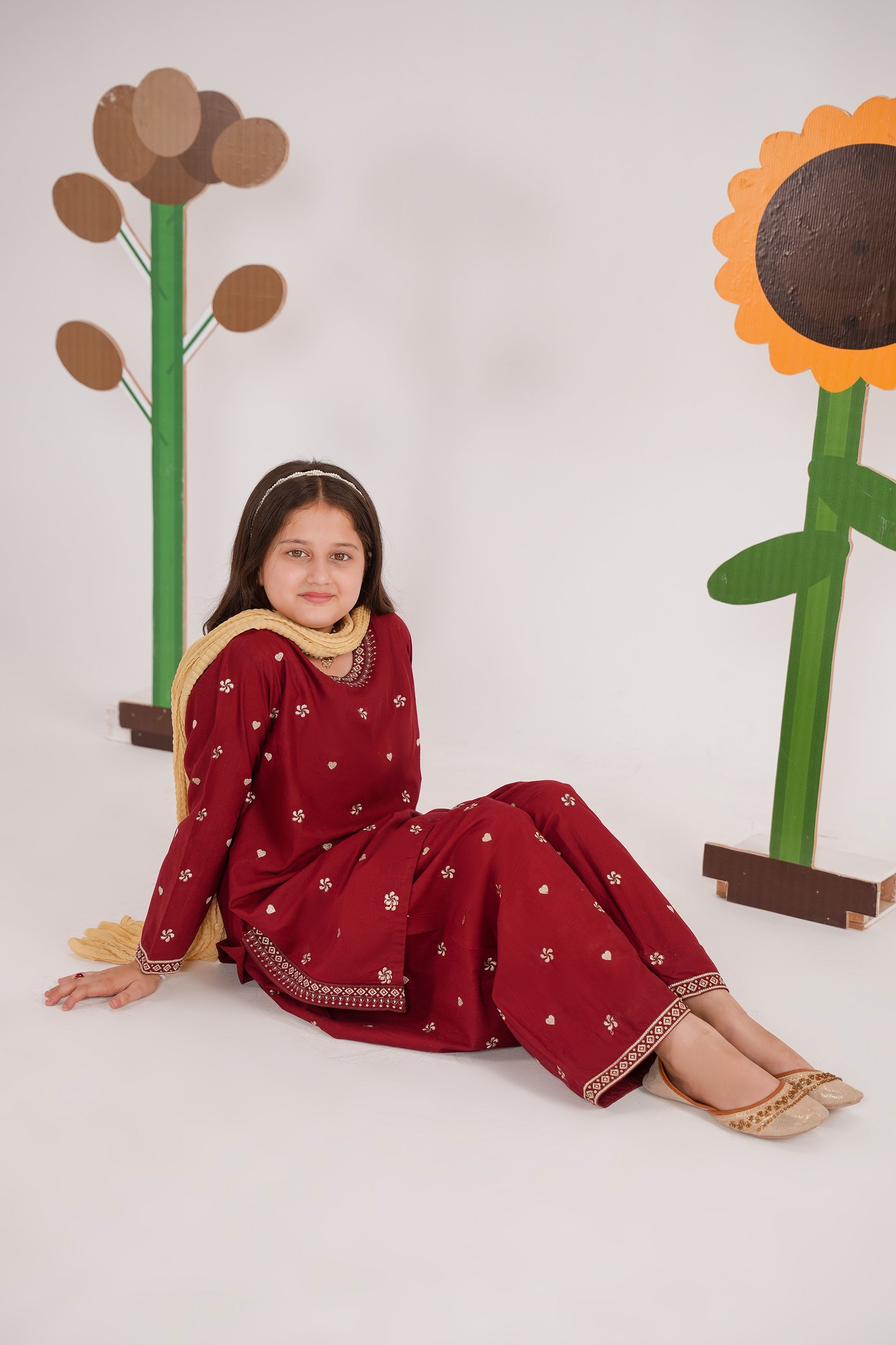 Meenay Girls Maya – Deep Maroon Embroidered Tulip Shalwar Set