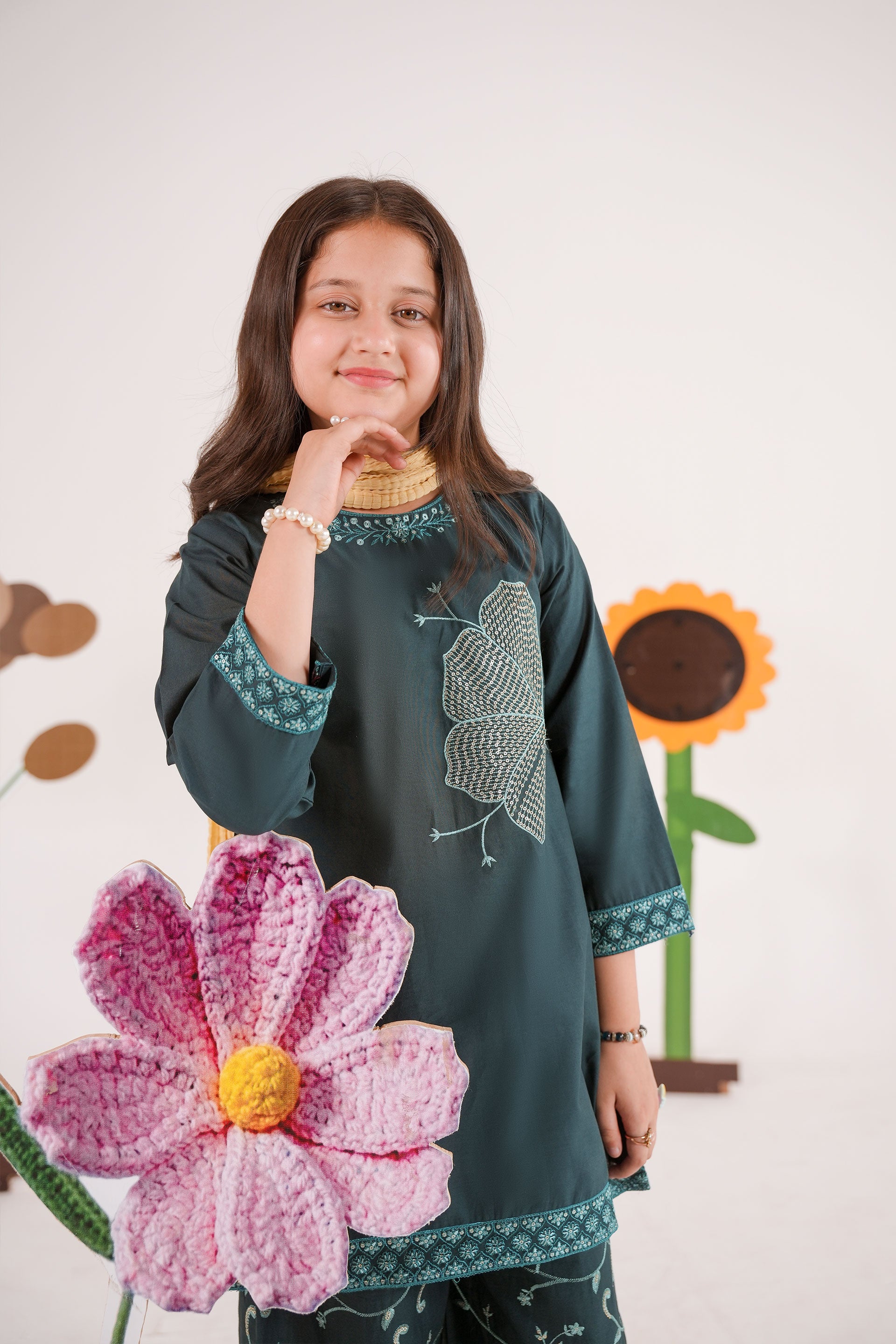 Meenay Girls Dahlia – Deep Emerald Embroidered Festive Trousers Set