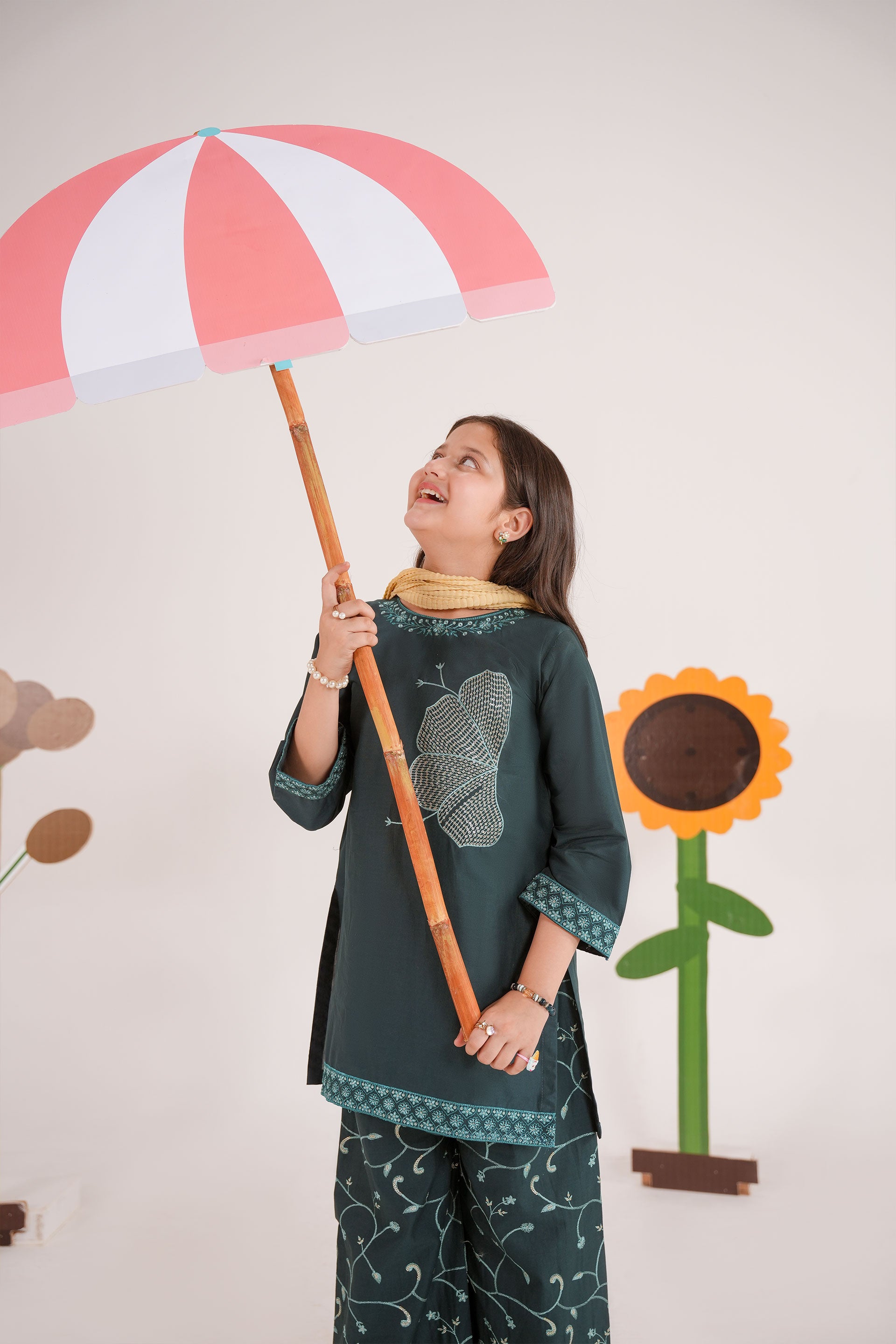 Meenay Girls Dahlia – Deep Emerald Embroidered Festive Trousers Set