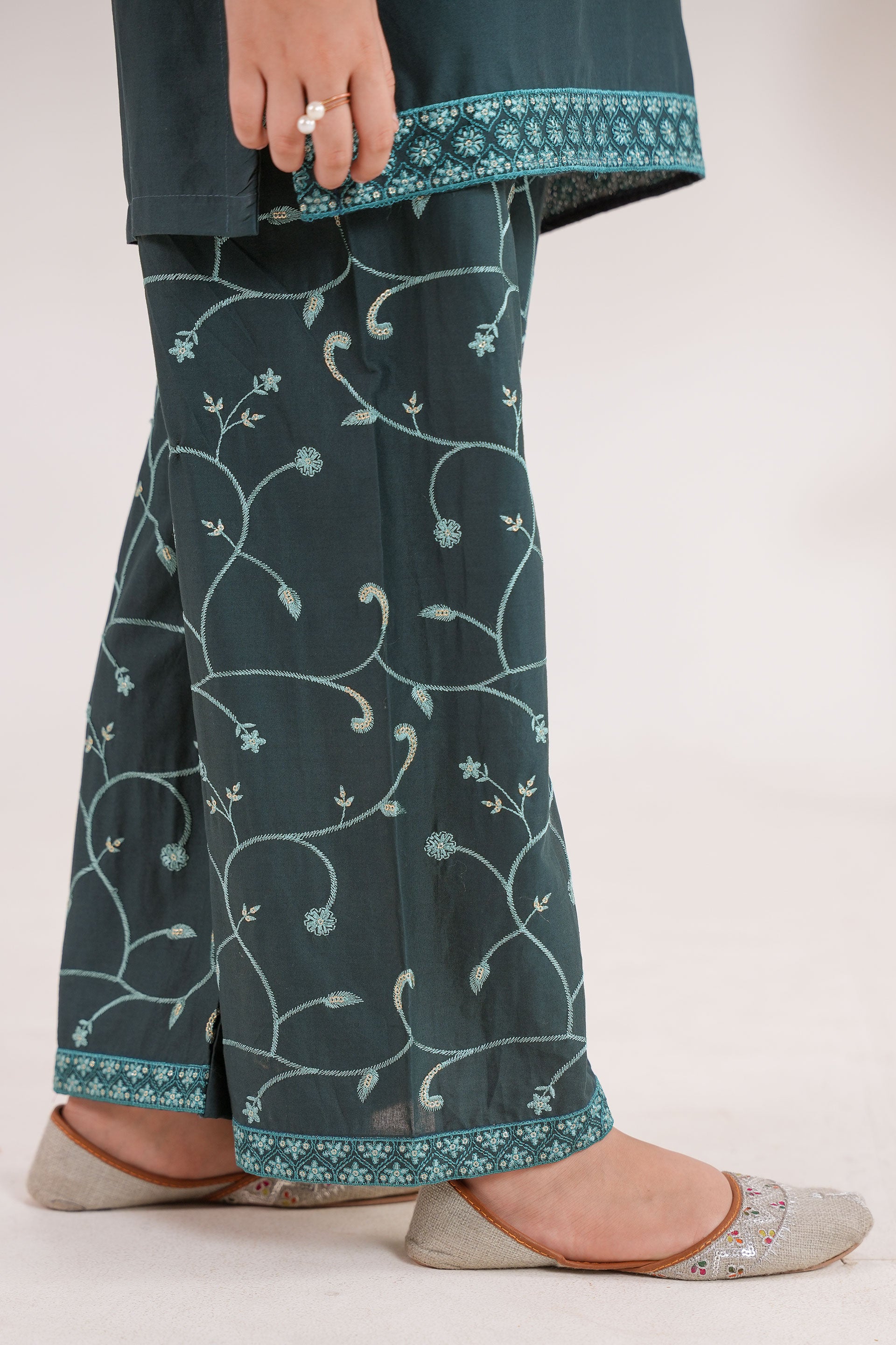Meenay Girls Dahlia – Deep Emerald Embroidered Festive Trousers Set
