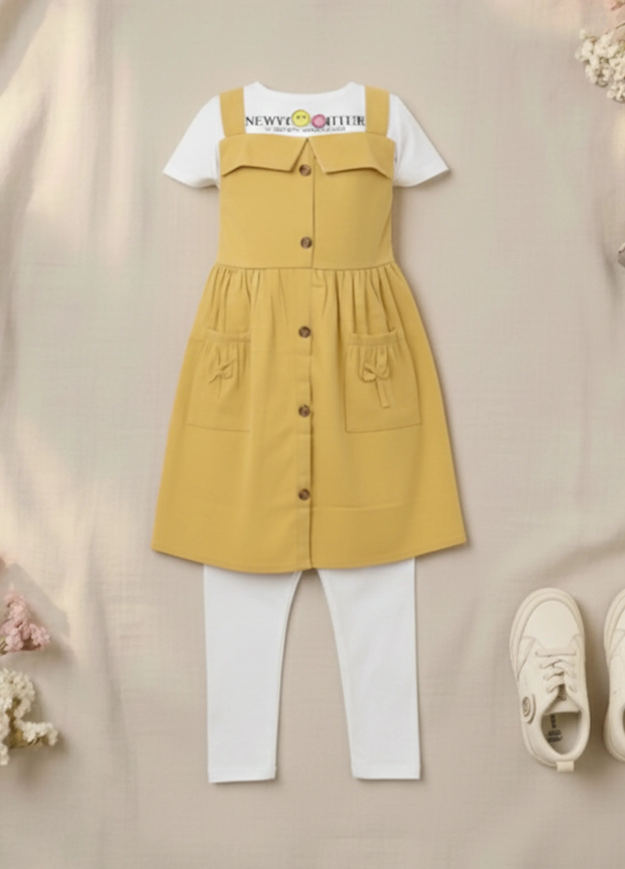 Yellow Suspender Dress with White Tee