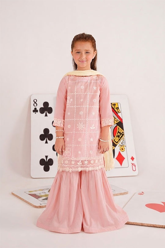 Meenay Girls Inaya – Tea Pink Embroidered Festive Gharara Set