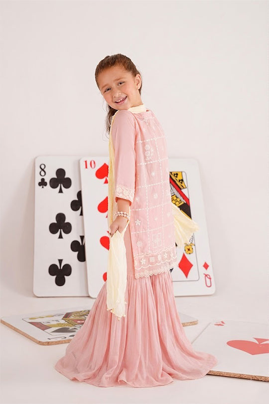 Meenay Girls Inaya – Tea Pink Embroidered Festive Gharara Set