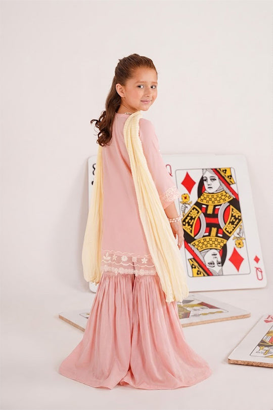 Meenay Girls Inaya – Tea Pink Embroidered Festive Gharara Set