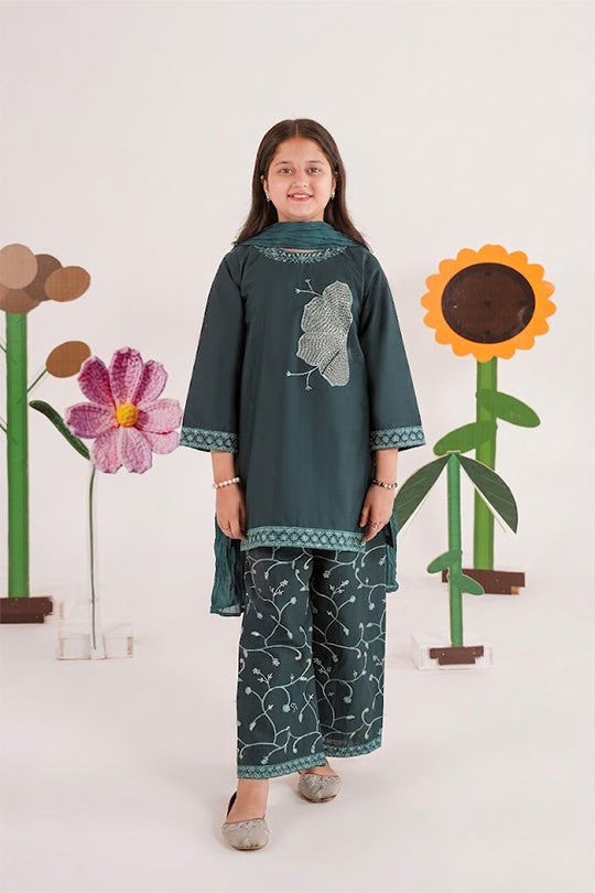 Meenay Girls Dahlia – Deep Emerald Embroidered Festive Trousers Set