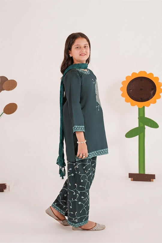Meenay Girls Dahlia – Deep Emerald Embroidered Festive Trousers Set