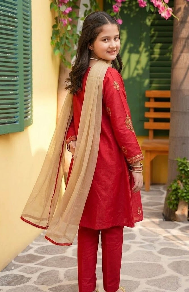 Zubi- Reddish pink  Embroidered Festive 3-Pc Set