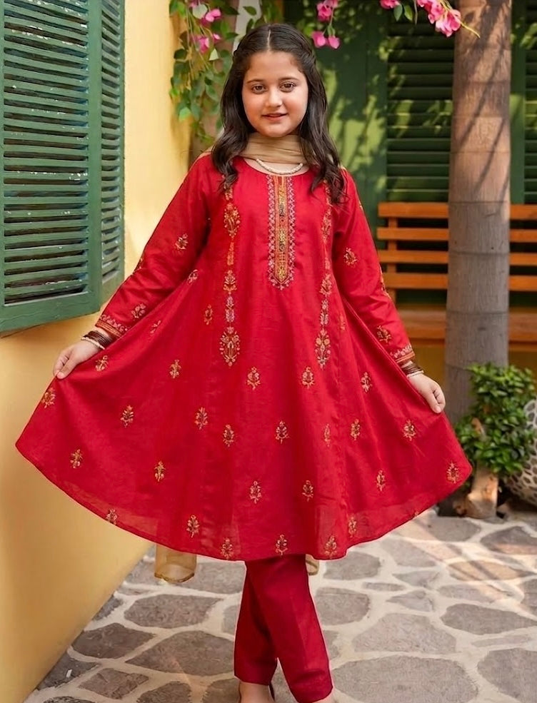 Zubi- Reddish pink  Embroidered Festive 3-Pc Set