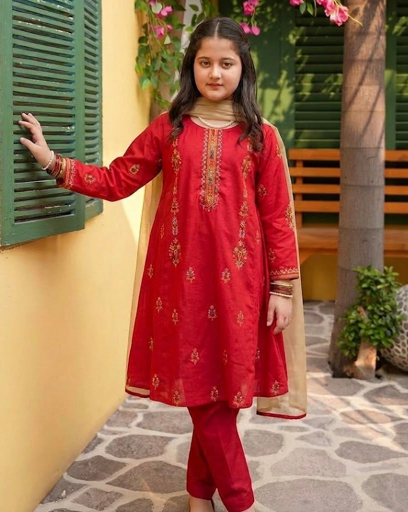 Zubi- Reddish pink  Embroidered Festive 3-Pc Set